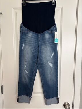 1822 Denim Blue Distressed Maternity Ankle Jeans with Overband